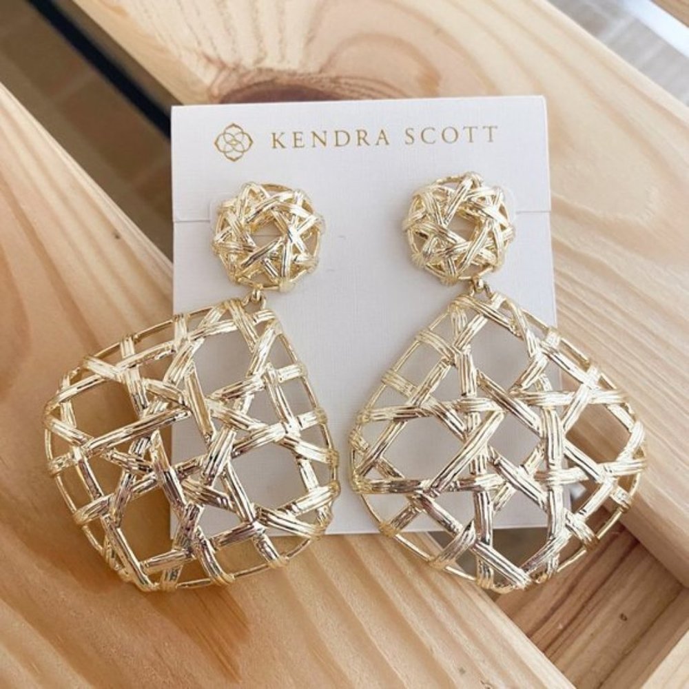 Kendra Scott Gld Natalie Earrings Woven Rattan NIB